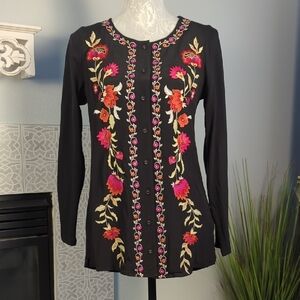 Soft Surroundings Pink and Black Embellished Long Sleeve Blouse